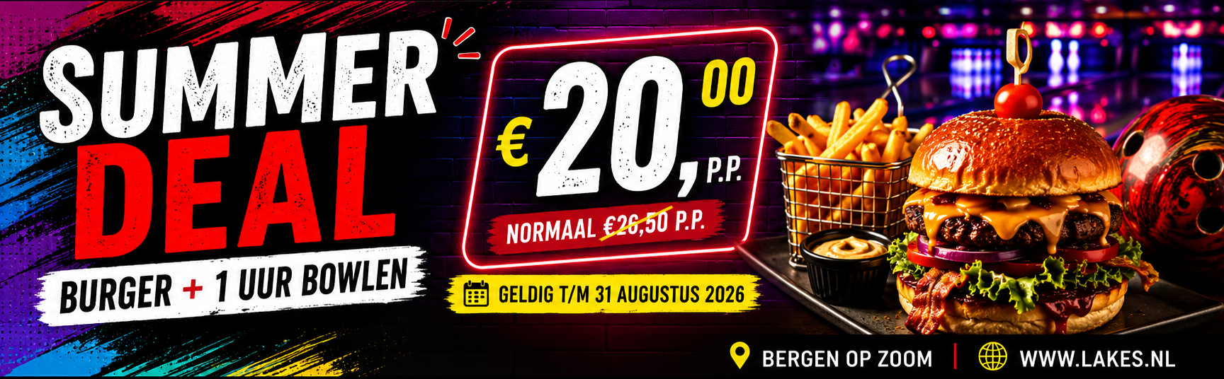 Summerdeal: burger met friet en 1 uur bowlen voor €20 per persoon, geldig tot en met 31 augustus 2026