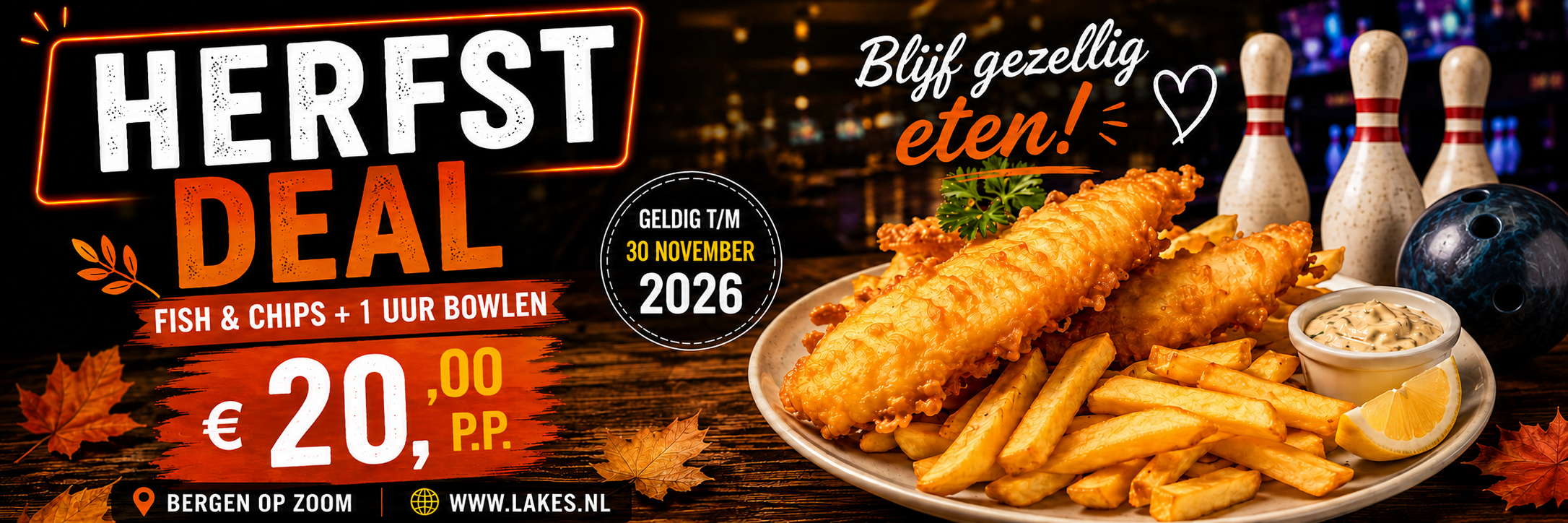 Herfstdeal: Fish & Chips met 1 uur bowlen voor €20 per persoon, geldig tot en met 30 november 2026